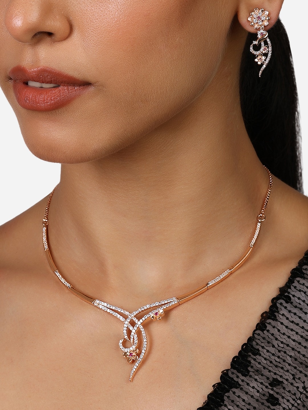 

Zaveri Pearls Rose Gold Plated CZ Studded Jewellery Set
