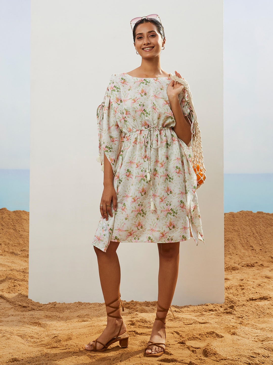 

CMGE Round Neck Floral Printed Satin Kaftan Dress, Multi