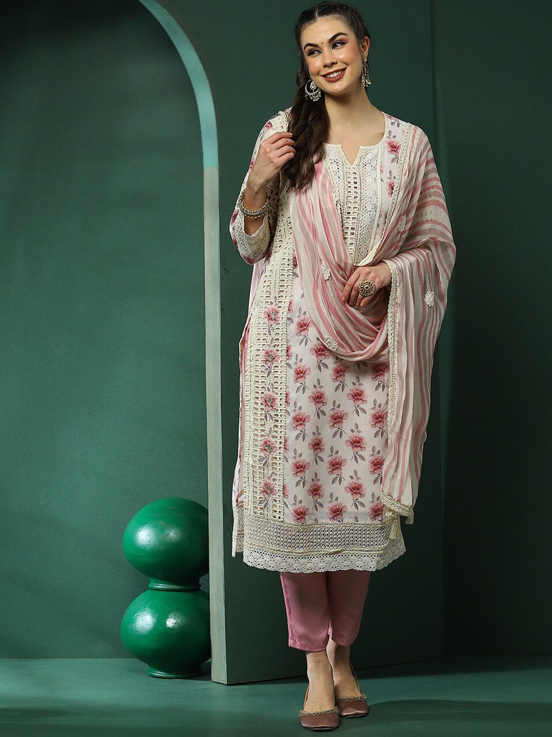 AKS Couture Floral Embroidered Regular Pure Cotton Kurta with Trousers & Dupatta, Cream