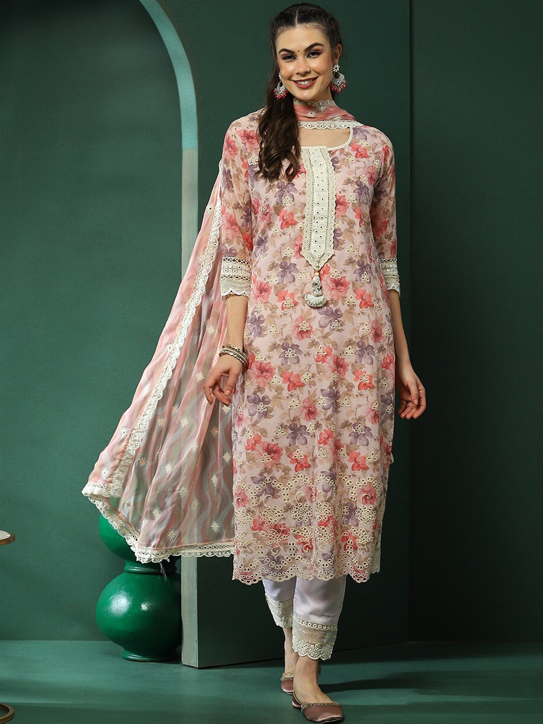 

AKS Couture Floral Embroidered Regular Pure Cotton Kurta with Trousers & Dupatta, Cream