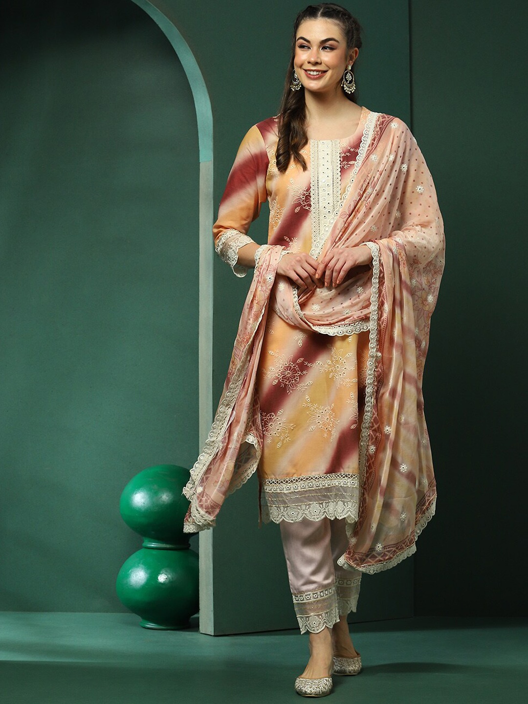 

AKS Couture Floral Embroidered Regular Pure Cotton Kurta with Trousers & Dupatta, Cream