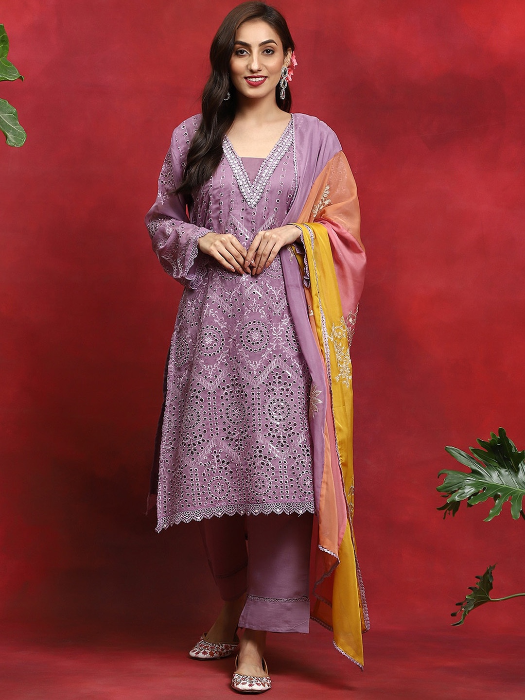 

AKS Couture Floral Geometric Thread Work Kurta Dress Material, Lavender