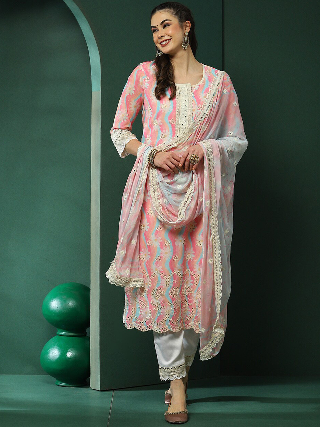 

AKS Couture Floral Embroidered Regular Pure Cotton Kurta with Trousers & Dupatta, Pink