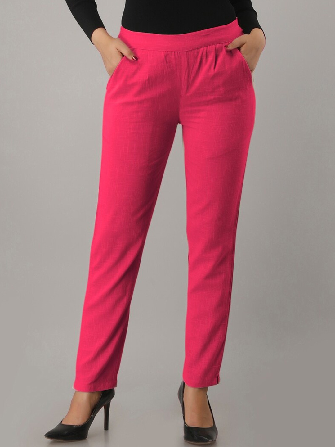 

HERE&NOW Women Relaxed Mid-Rise Cotton Plain Formal Trousers Trousers, Magenta