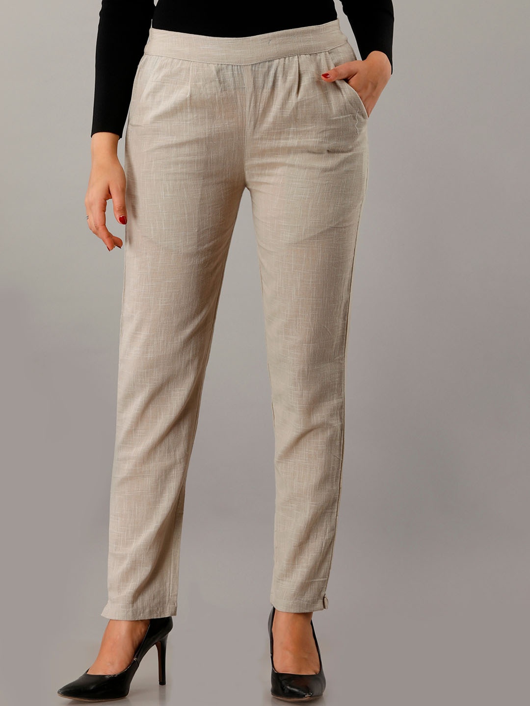 

HERE&NOW Women Relaxed Mid-Rise Cotton Plain Formal Trousers Trouser, Beige