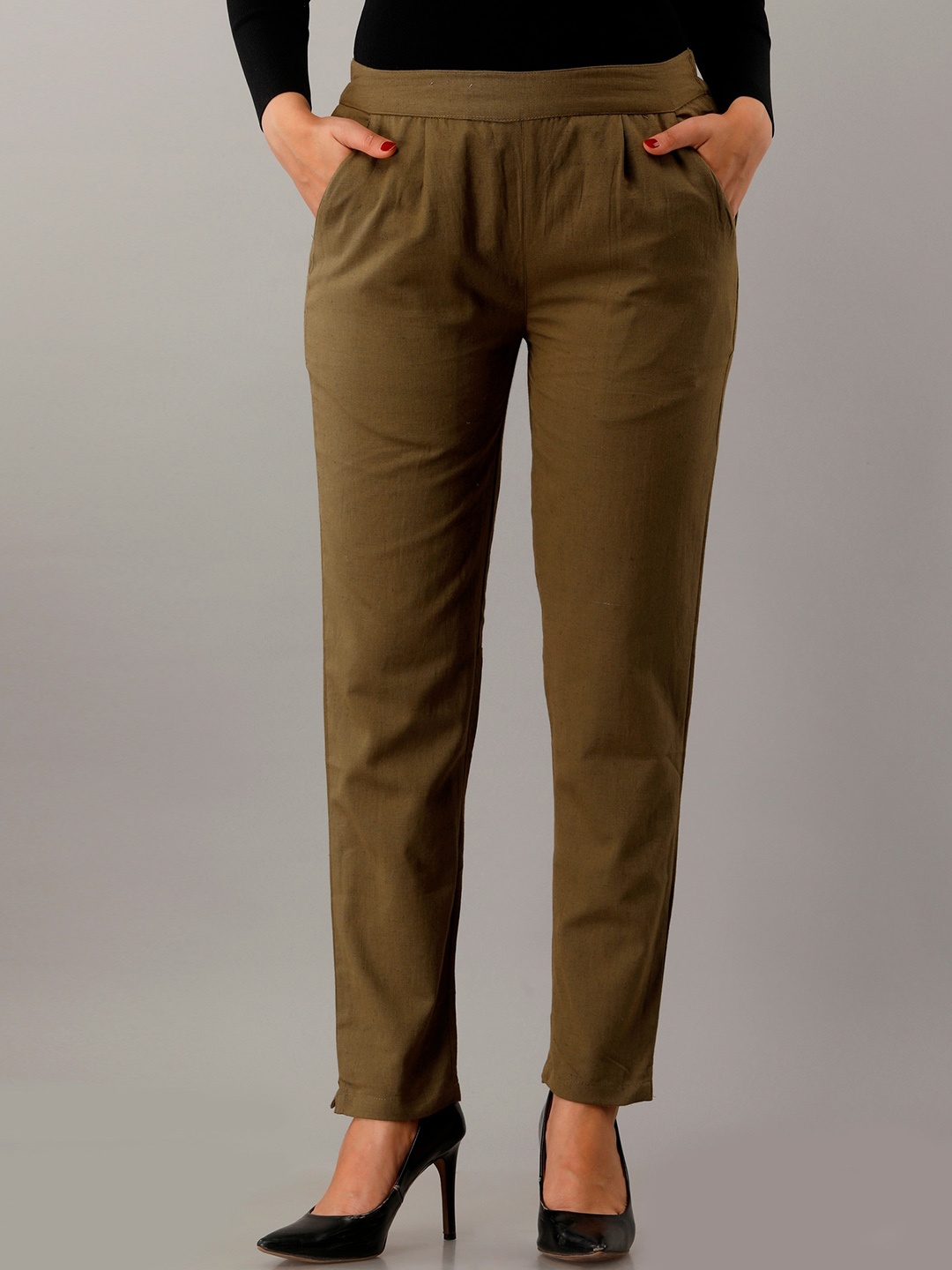 HERE&NOW Women Relaxed Pleated Cotton Trousers, Green