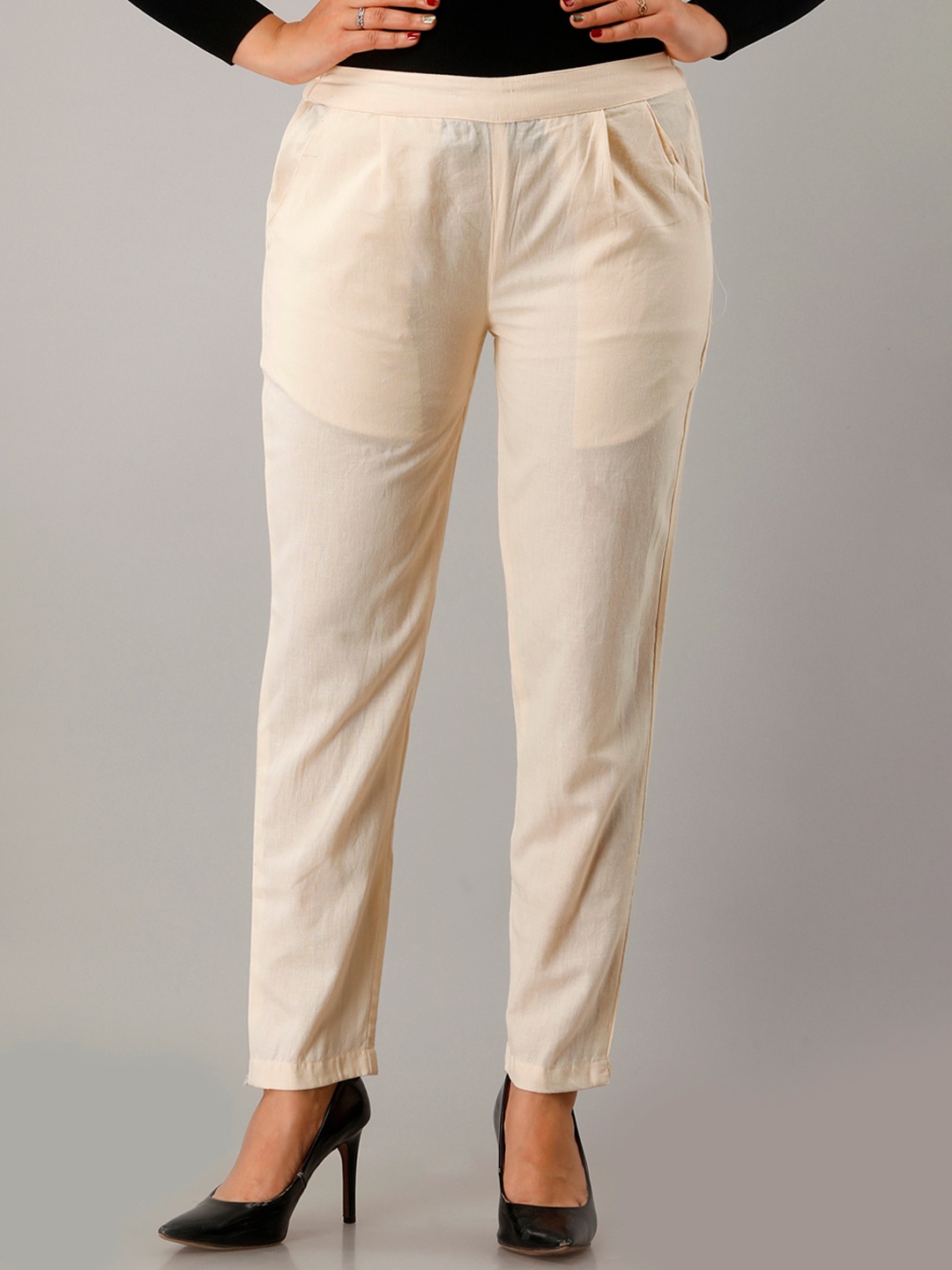 

HERE&NOW Women Relaxed Mid-Rise Cotton Plain Casual Trousers, Off white