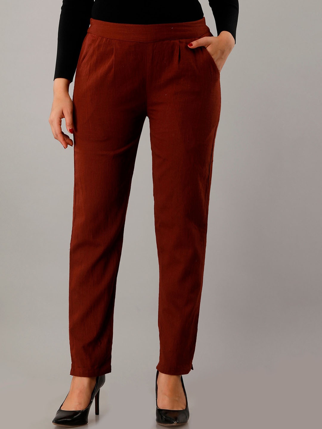 

HERE&NOW Women Relaxed Cotton Pleated Trousers, Brown