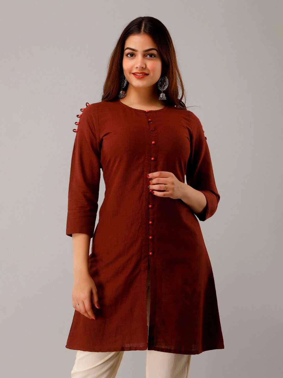 

HERE&NOW Round Neck Straight Short Kurti, Coffee brown