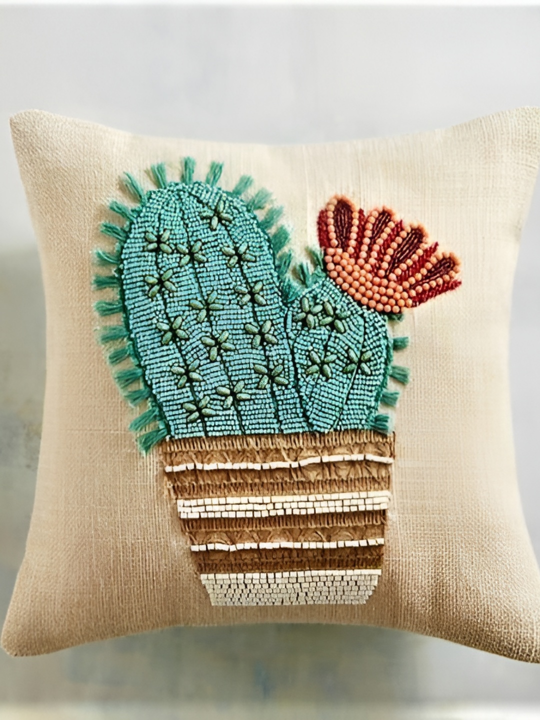 

YWULY Beige & Blue Embellished Square Cushion Covers