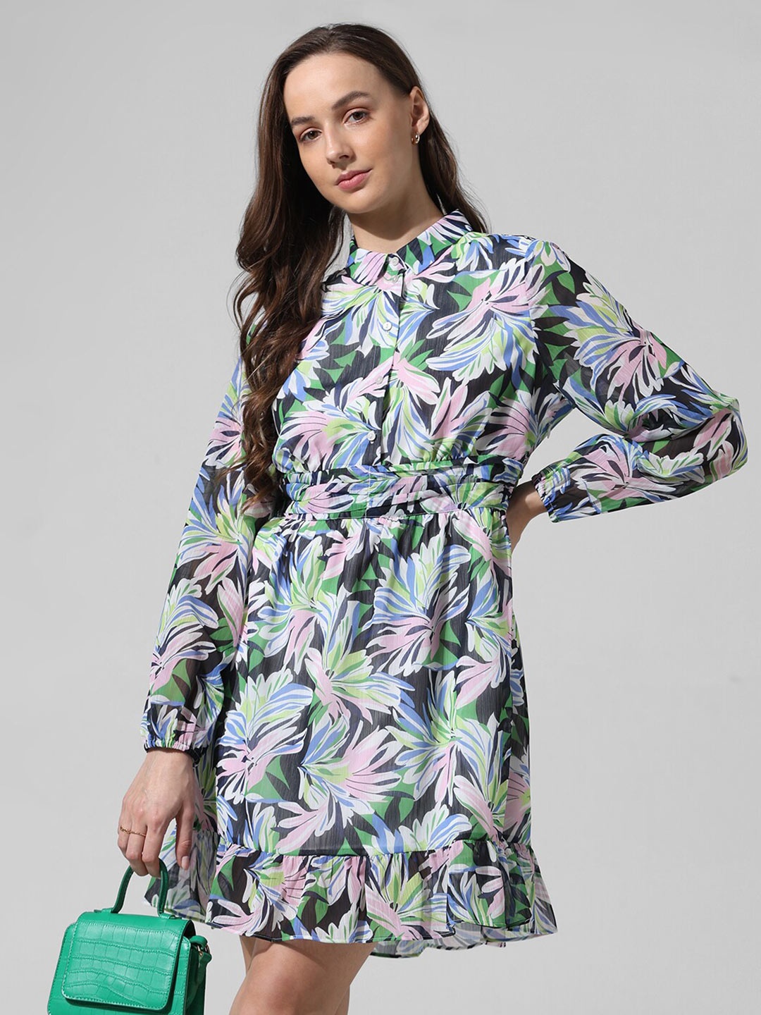 

ONLY Tropical Printed Flounce Chiffon Shirt Dress, Black