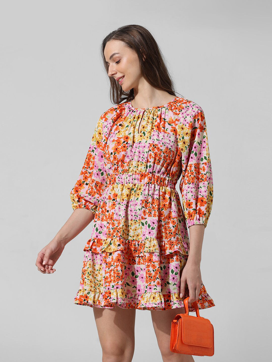

ONLY Floral Printed Puff Sleeves Gathered Ruffled Fit & Flare Dress, Red