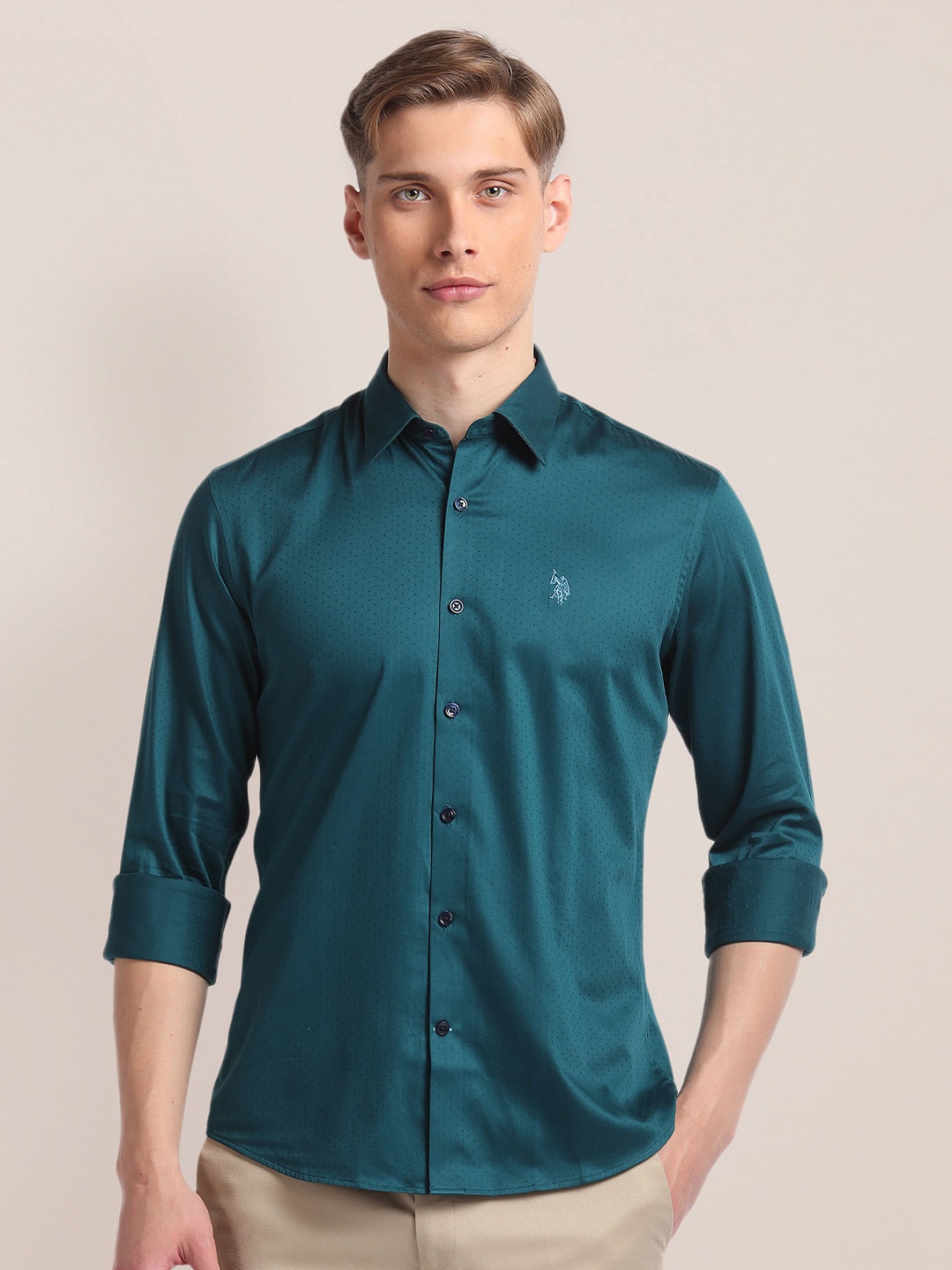 

U.S. Polo Assn. Self Design Printed Spread Collar Casual Shirt, Green