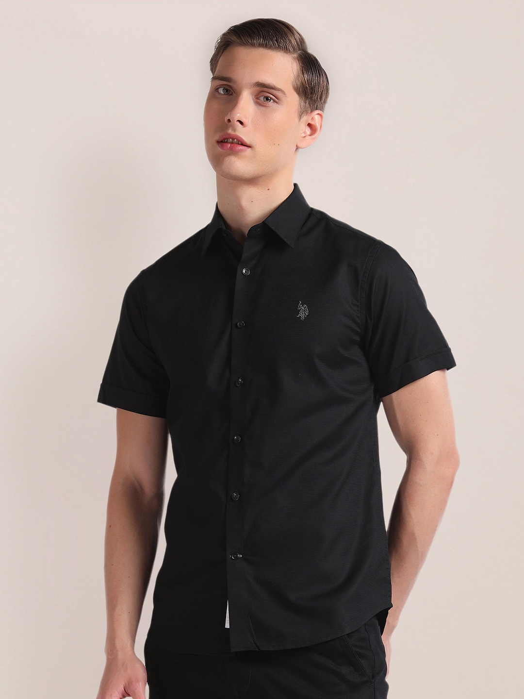 

U.S. Polo Assn. Regular Fit Short Sleeves Cotton Opaque Casual Shirt, Black
