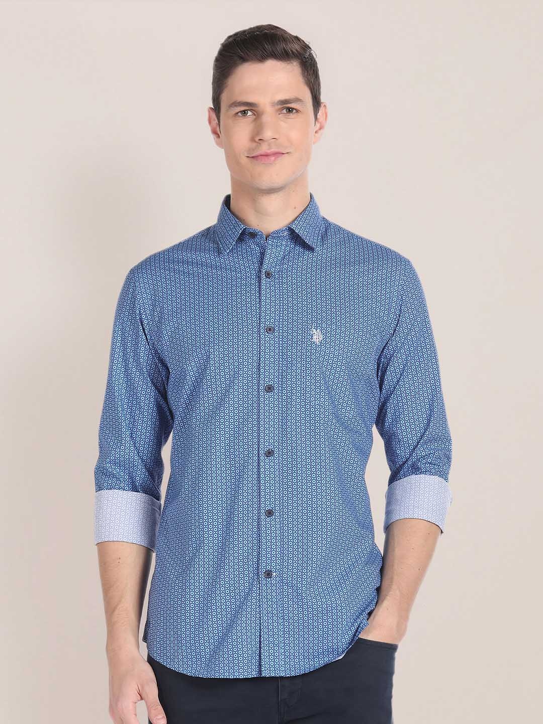 

U.S. Polo Assn. Geometric Printed Spread Collar Cotton Casual Shirt, Blue