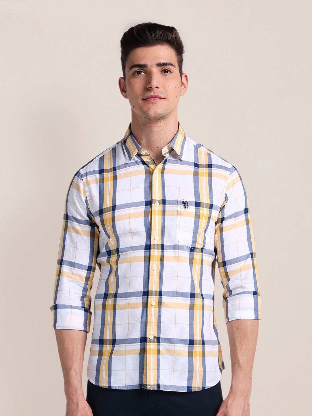 

U.S. Polo Assn. Checked Spread Collar Cotton Casual Shirt, Yellow