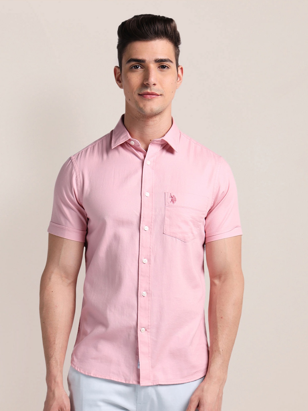 

U.S. Polo Assn. Cotton Short Sleeve Slim Fit Casual Shirt, Pink