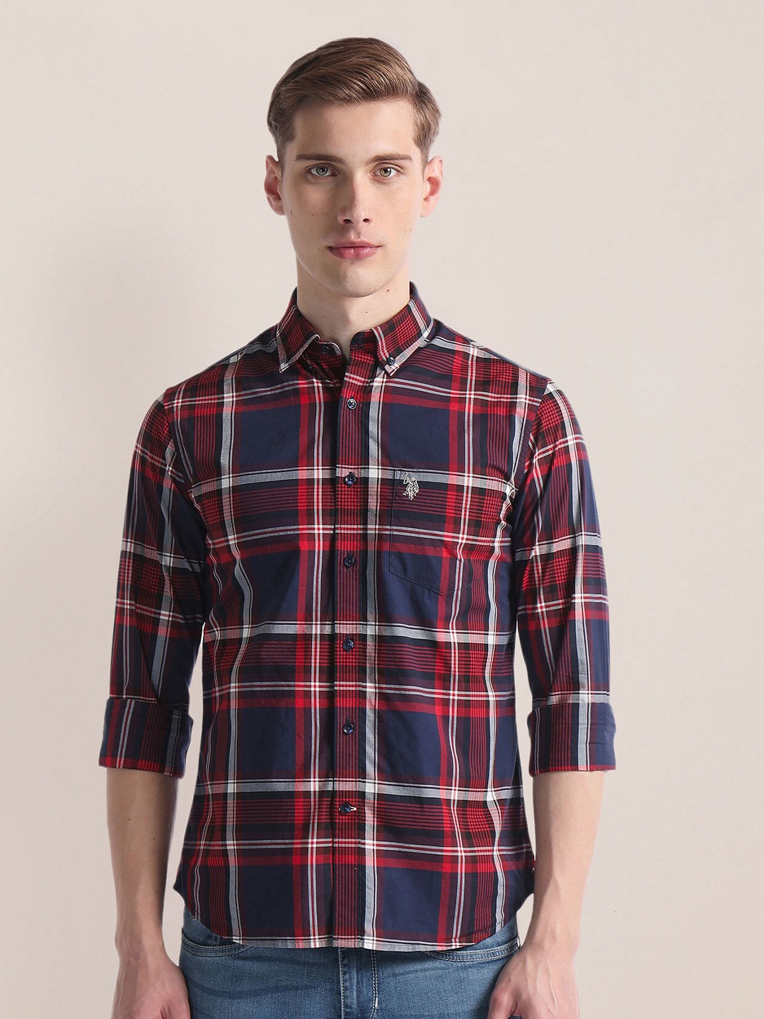 

U.S. Polo Assn. Tartan Checks Checked Spread Collar Casual Shirt, Blue