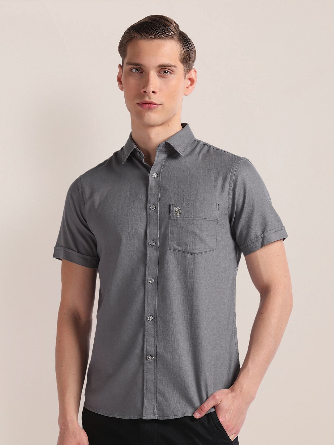 

U.S. Polo Assn. Spread Collar Cotton Casual Shirt, Grey