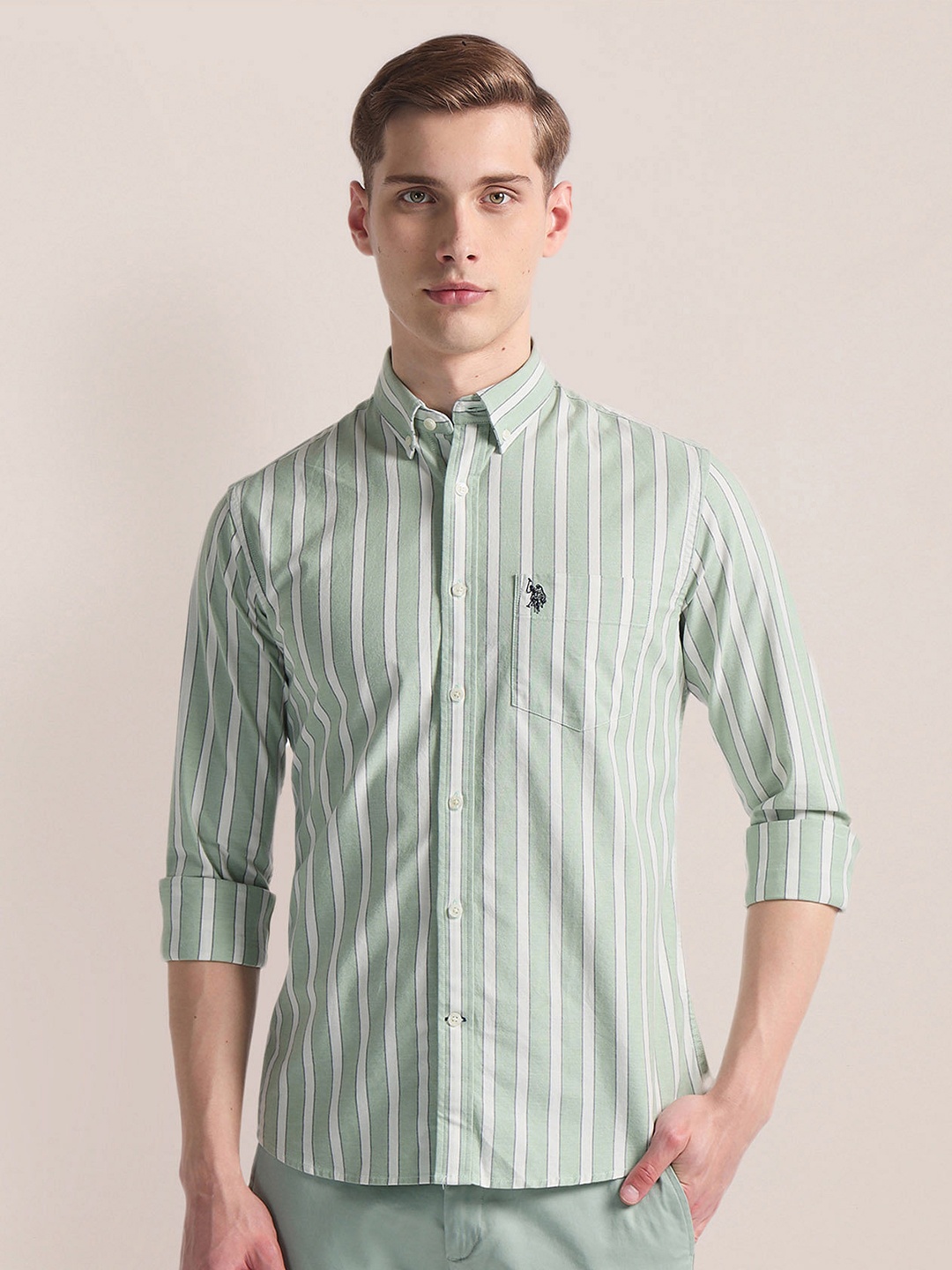 

U.S. Polo Assn. Regular Fit Long Sleeves Cotton Opaque Striped Casual Shirt, Green