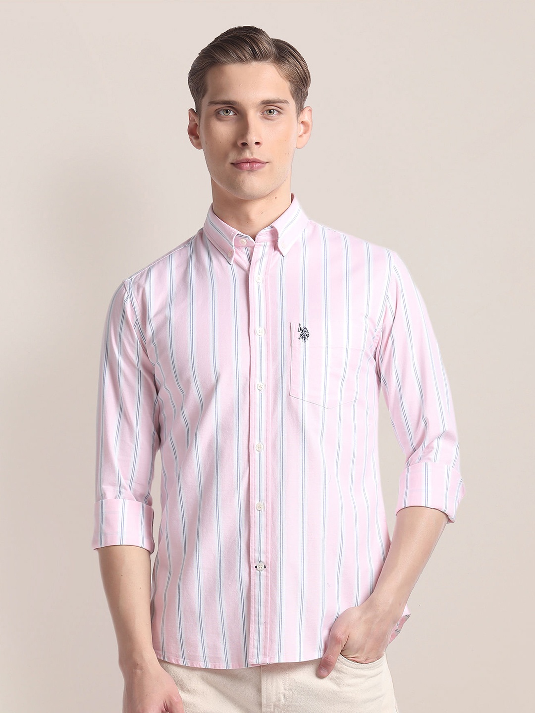 

U.S. Polo Assn. Striped Printed Button-Down Collar Oxford Shirt, Pink