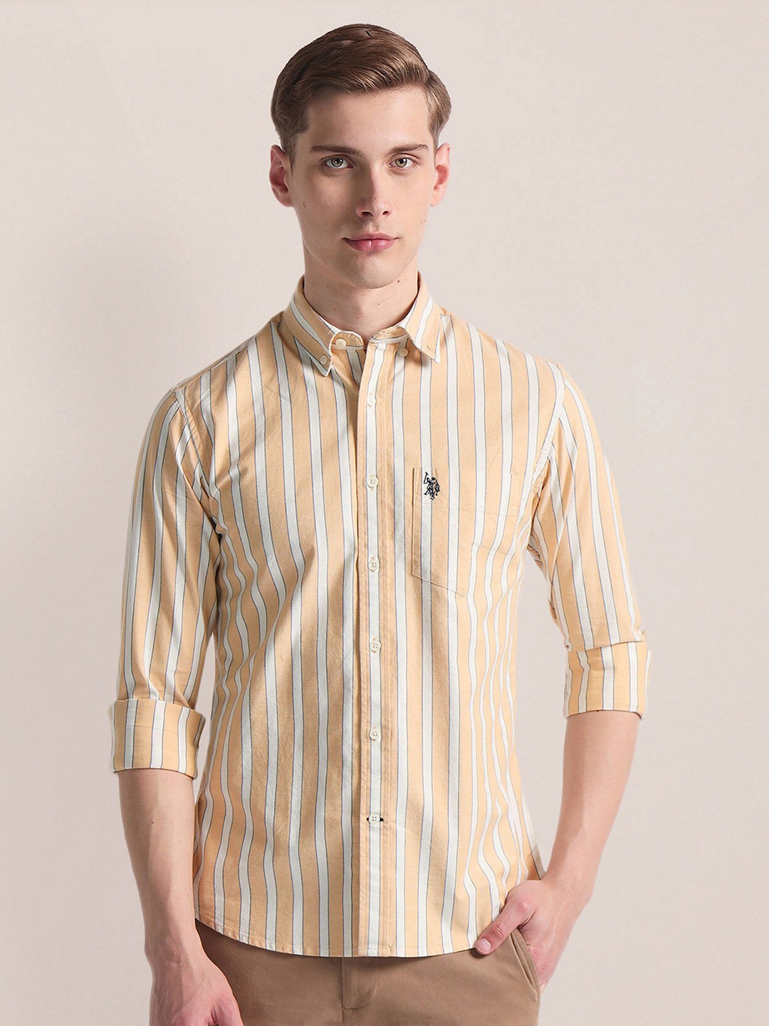 

U.S. Polo Assn. Vertical Stripes Opaque Casual Shirt, Beige