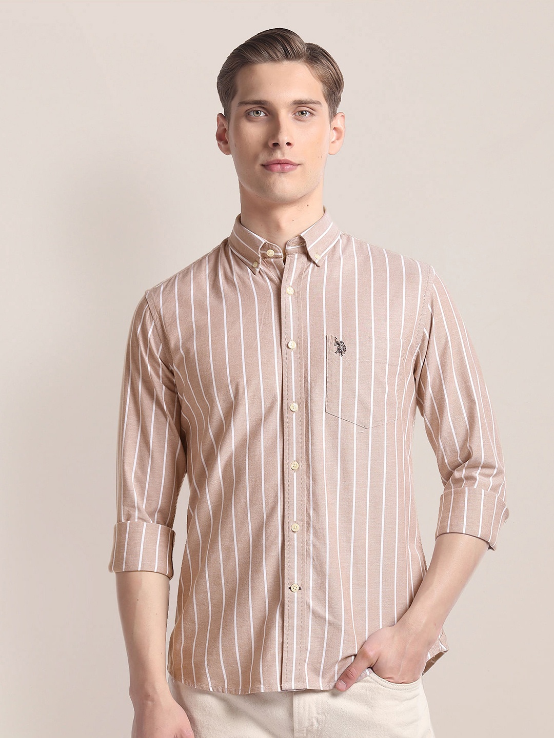 

U.S. Polo Assn. Striped Spread Collar Cotton Casual Shirt, Brown
