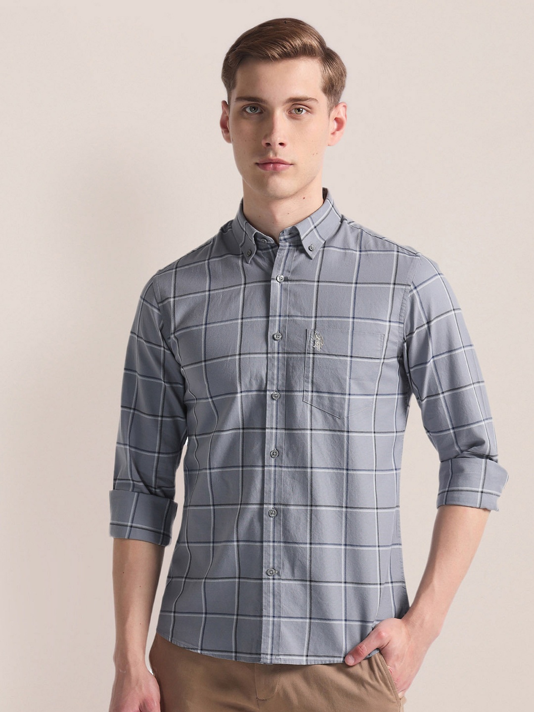 

U.S. Polo Assn. Windowpane Checks Checked Spread Collar Casual Shirt, Grey