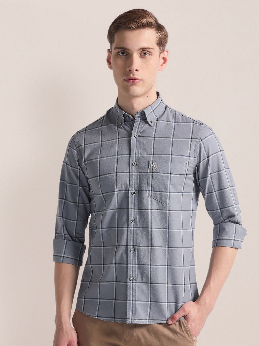 

U.S. Polo Assn. Windowpane Checks Checked Spread Collar Casual Shirt, Grey