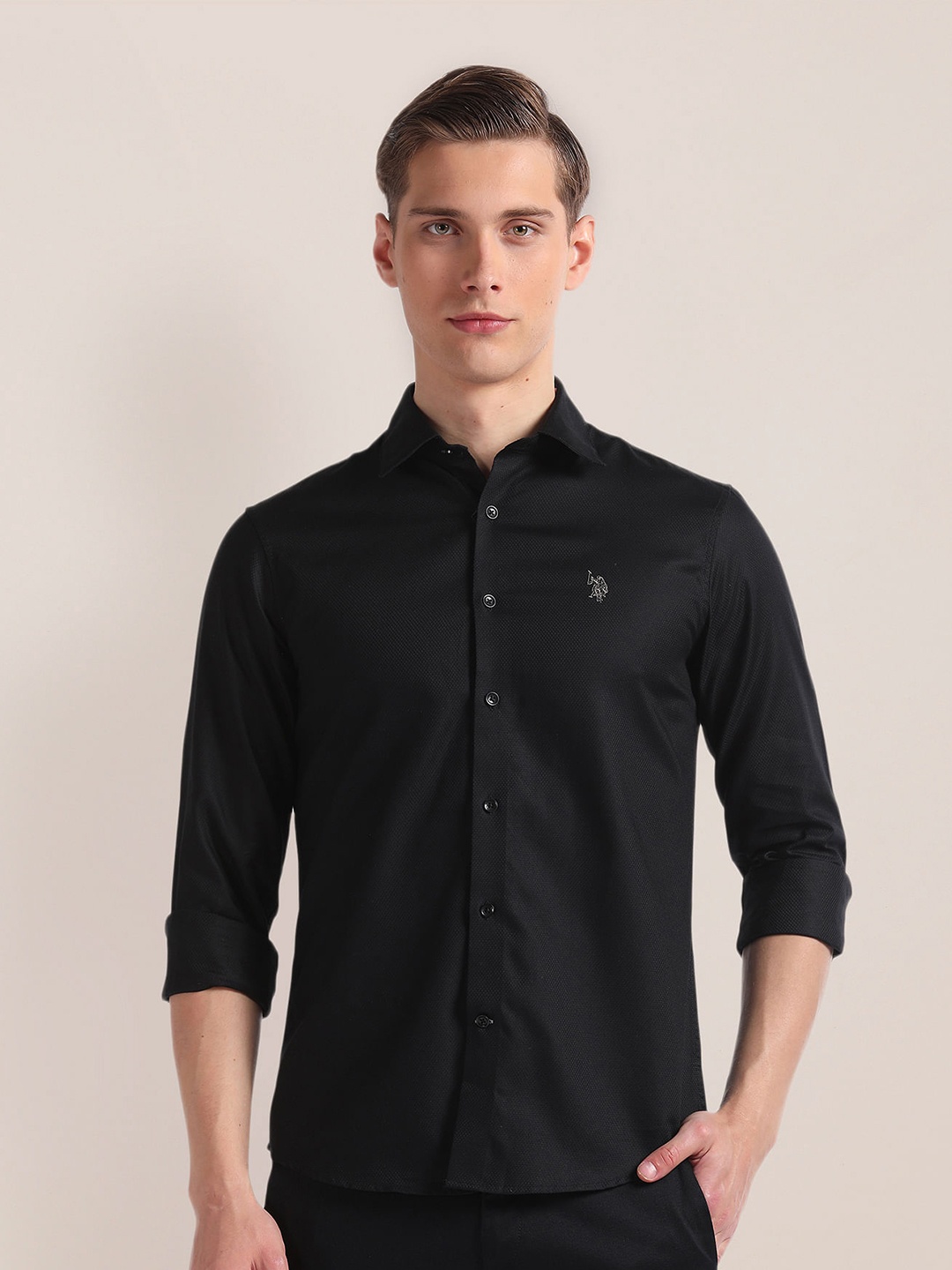 

U.S. Polo Assn. Cotton Spread Collar Curved Casual Shirt, Black
