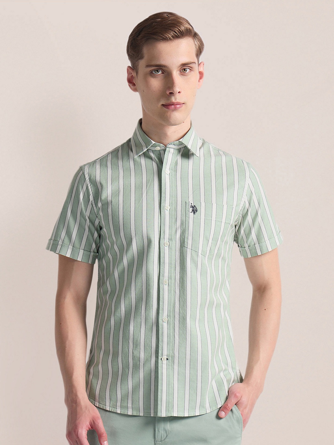 

U.S. Polo Assn. Regular Fit Short Sleeves Cotton Opaque Striped Casual Shirt, Green