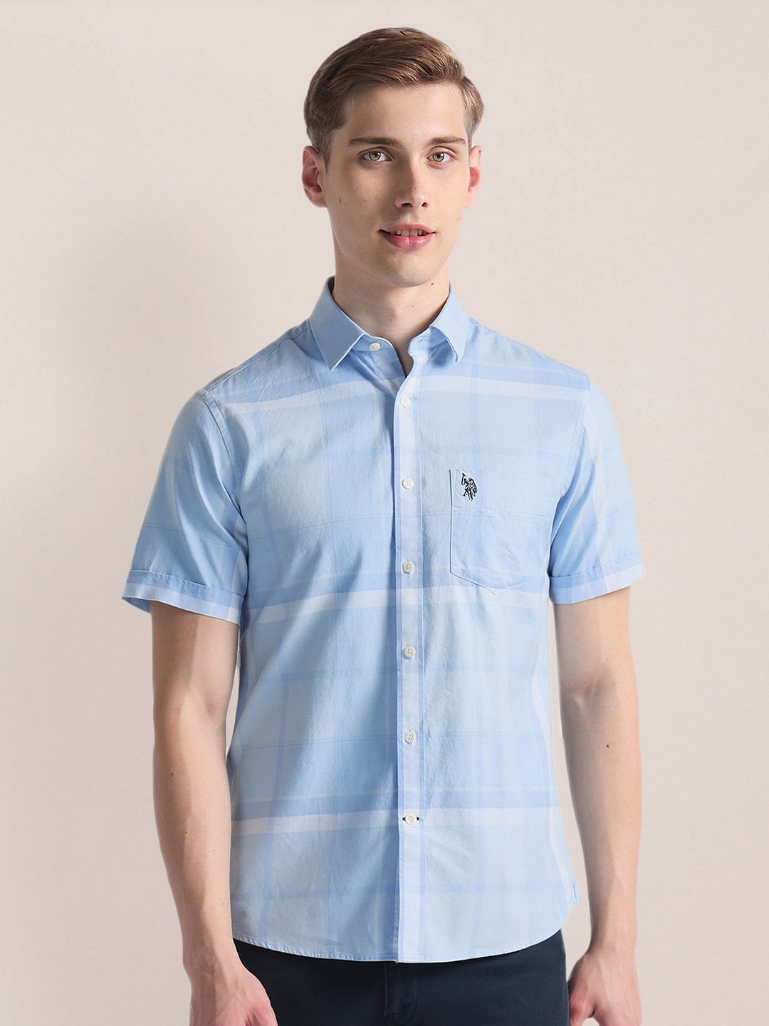 

U.S. Polo Assn. Horizontal Stripes Checked Spread Collar Casual Shirt, Blue