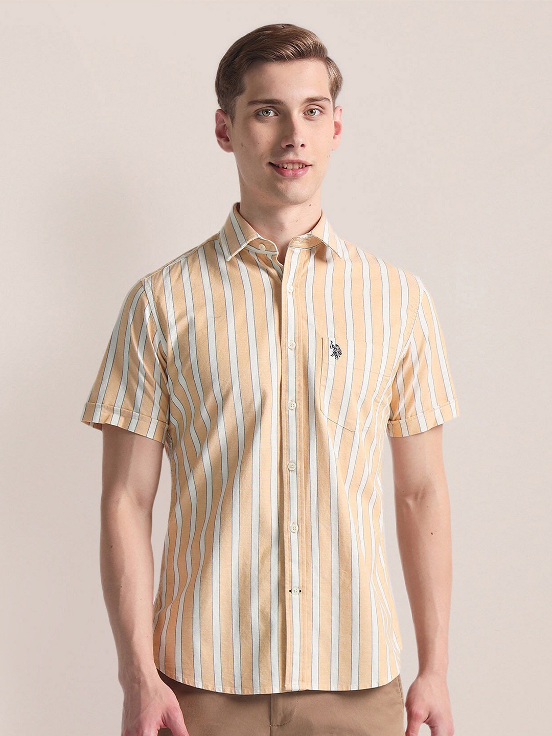 

U.S. Polo Assn. Regular Fit Short Sleeves Cotton Opaque Striped Casual Shirt, Beige