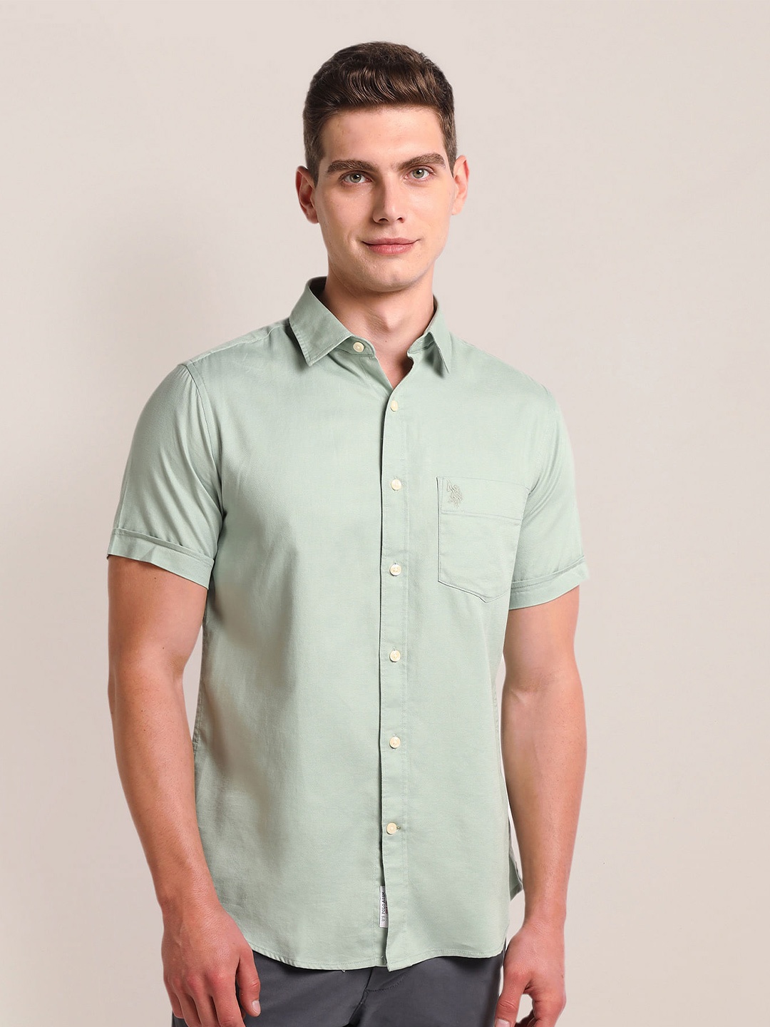 

U.S. Polo Assn. Regular Fit Short Sleeves Cotton Opaque Casual Shirt, Green