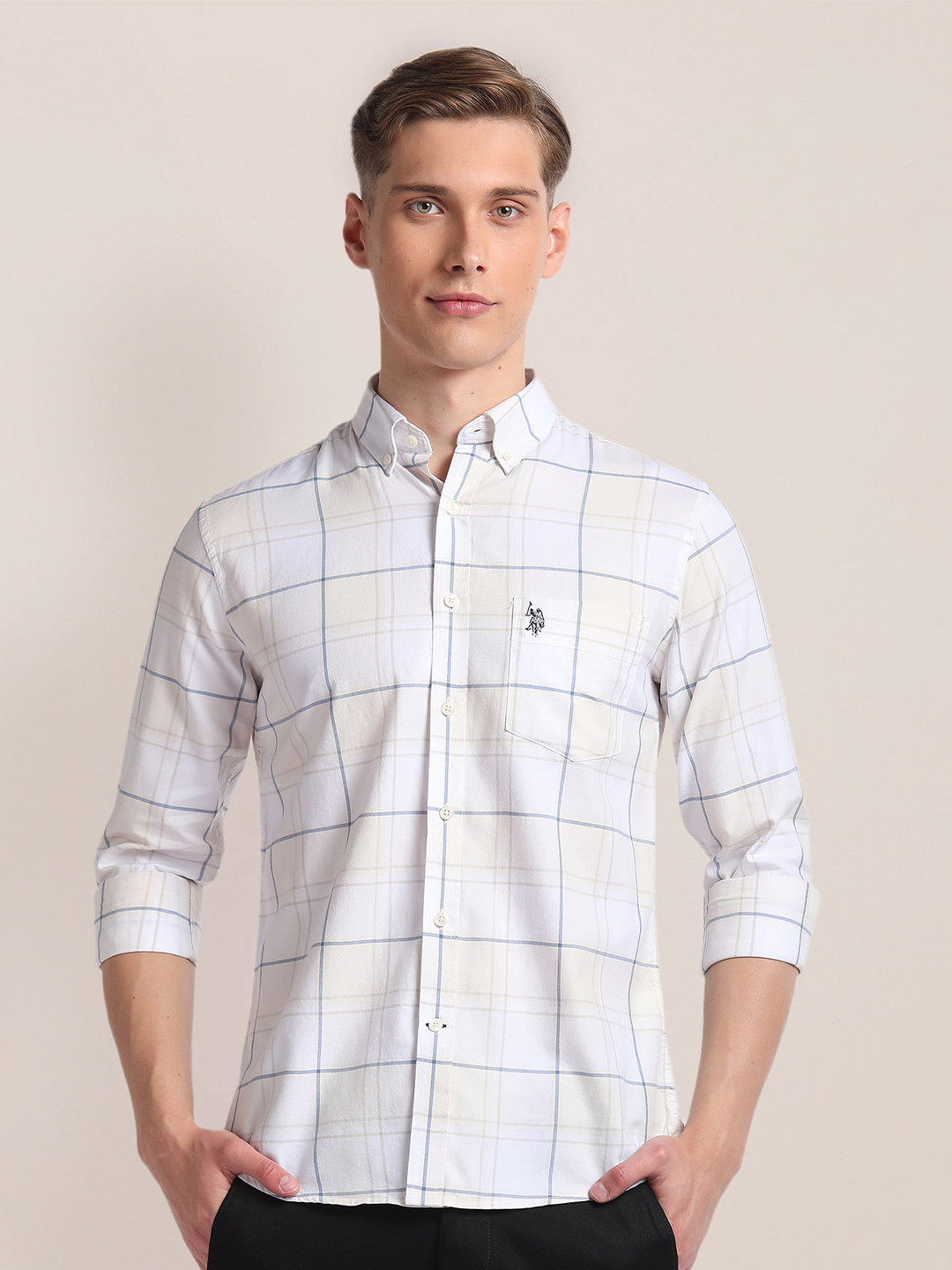 

U.S. Polo Assn. Windowpane Checks Checked Spread Collar Cotton Casual Shirt, White
