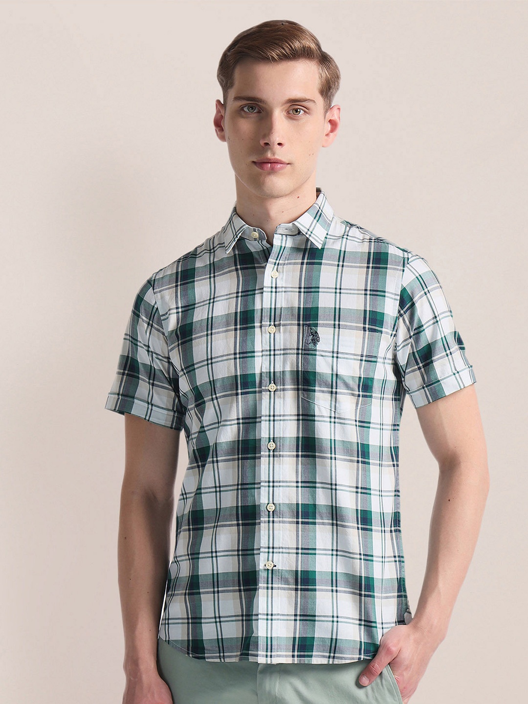 

U.S. Polo Assn. Regular Fit Cotton Tartan Checks Opaque Checked Casual Shirt, Green