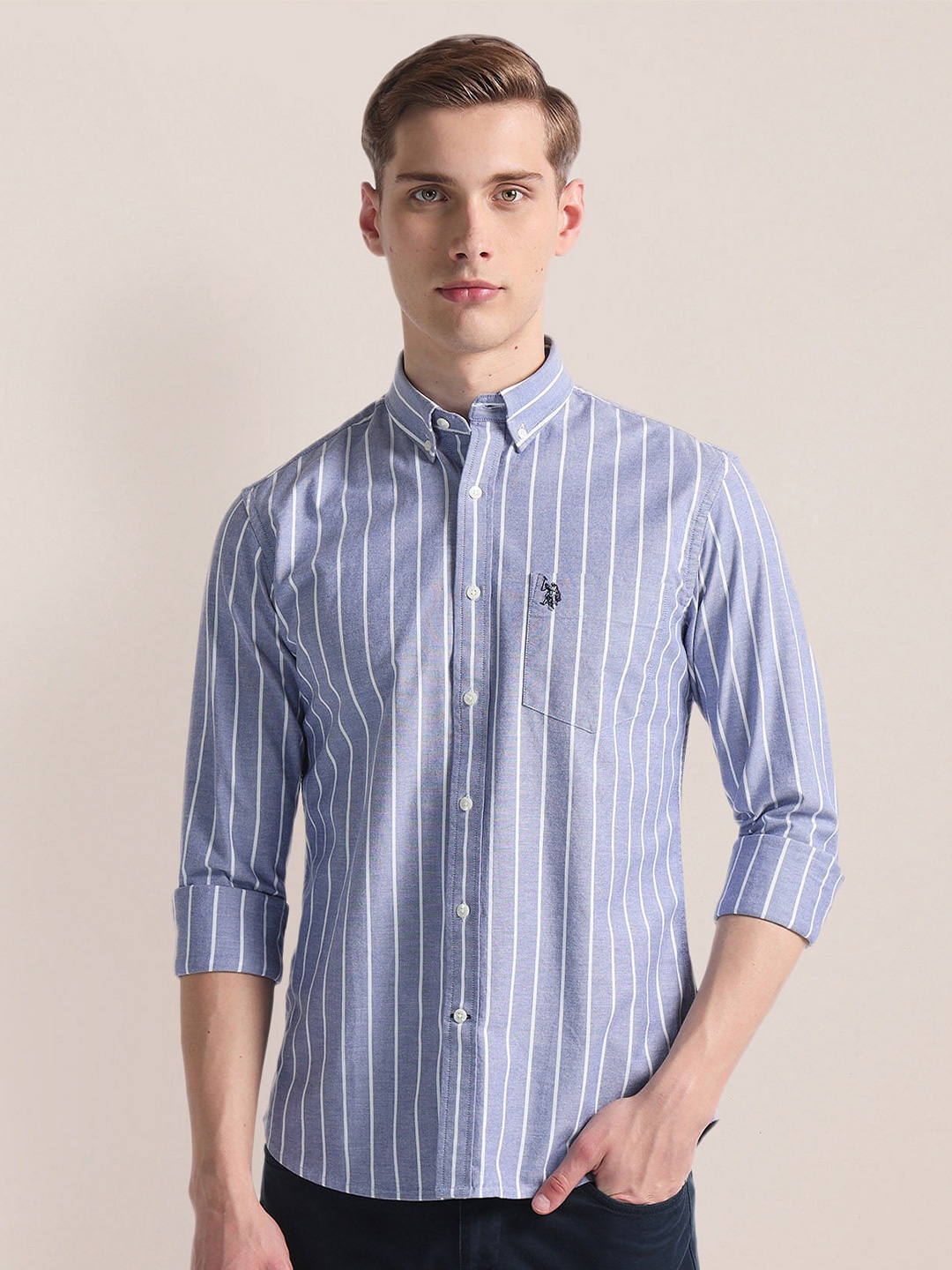 

U.S. Polo Assn. Vertical Stripes Button-Down Collar Opaque Casual Shirt, Blue