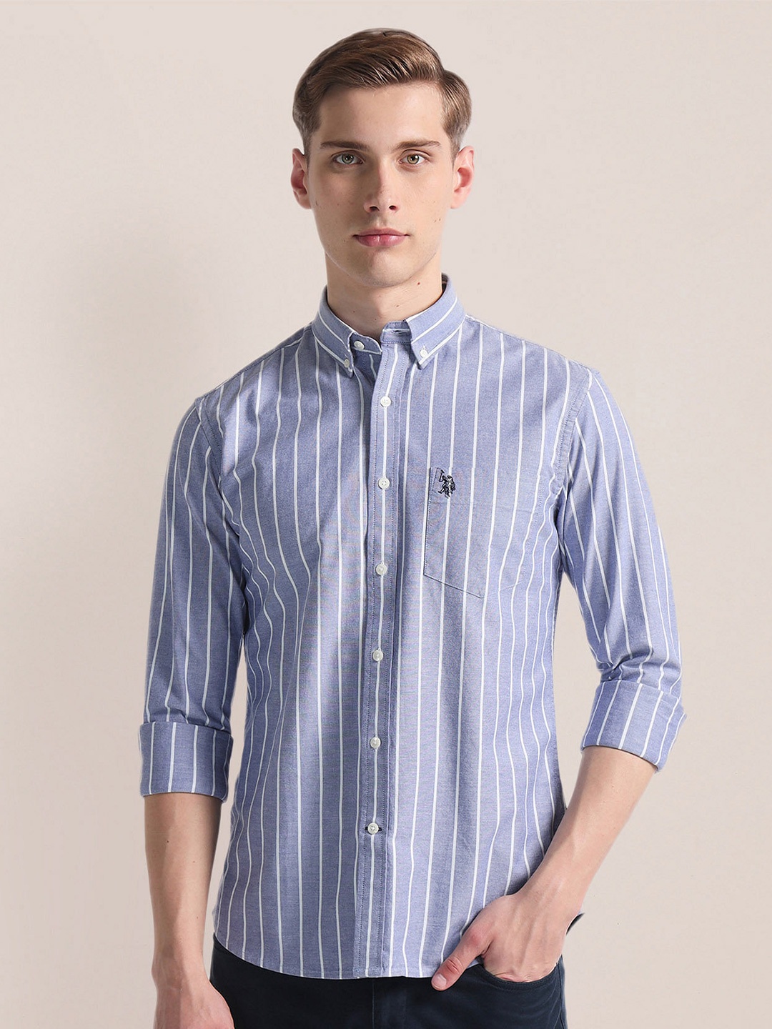 

U.S. Polo Assn. Striped Printed Button-Down Collar Oxford Shirt, Blue