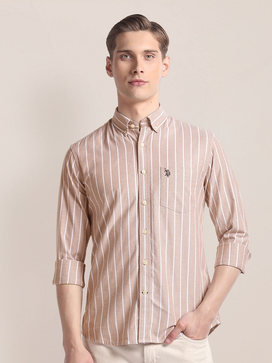 

U.S. Polo Assn. Vertical Stripes Button-Down Collar Opaque Casual Shirt, Brown