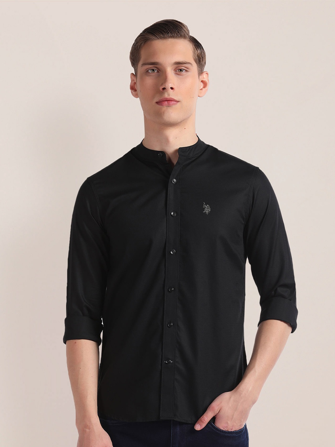 

U.S. Polo Assn. Mandarin Collar Pure Cotton Dobby Casual Shirt, Black