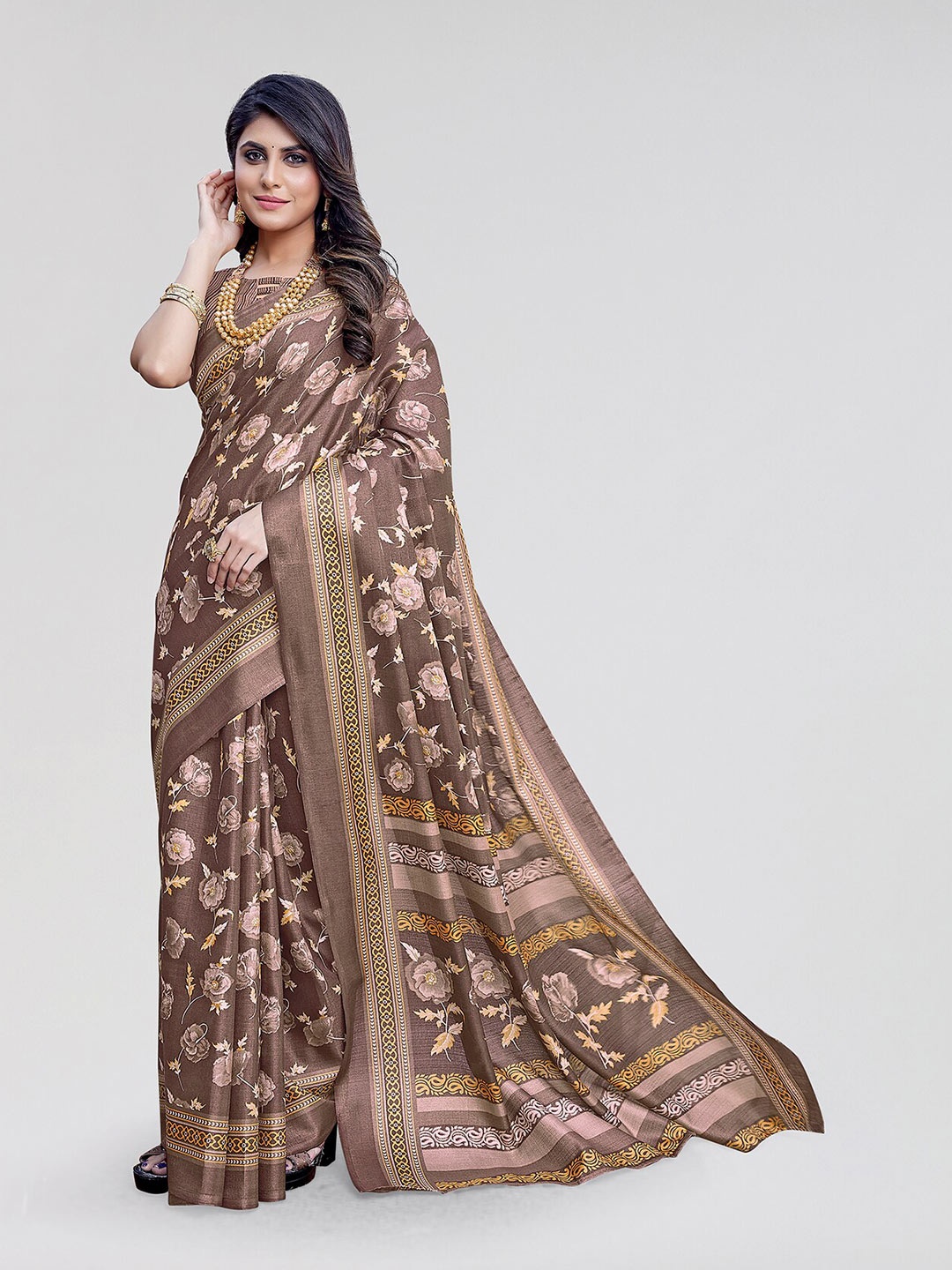 

Yashika Floral Printed Saree, Brown