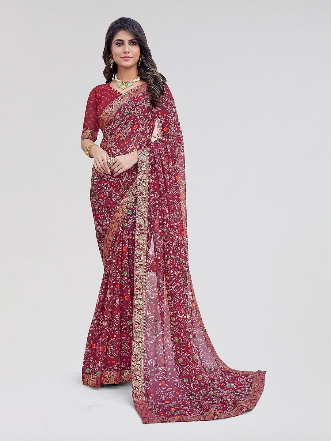 

Yashika Bandhani Printed Zari Bandhani Saree, Maroon