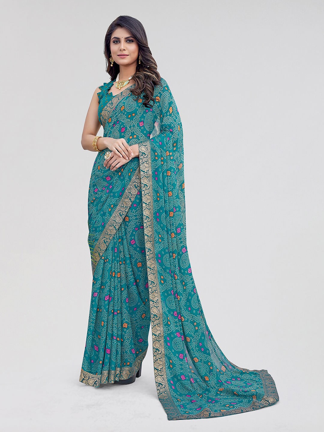 

Yashika Bandhani Printed Bandhani Saree, Teal