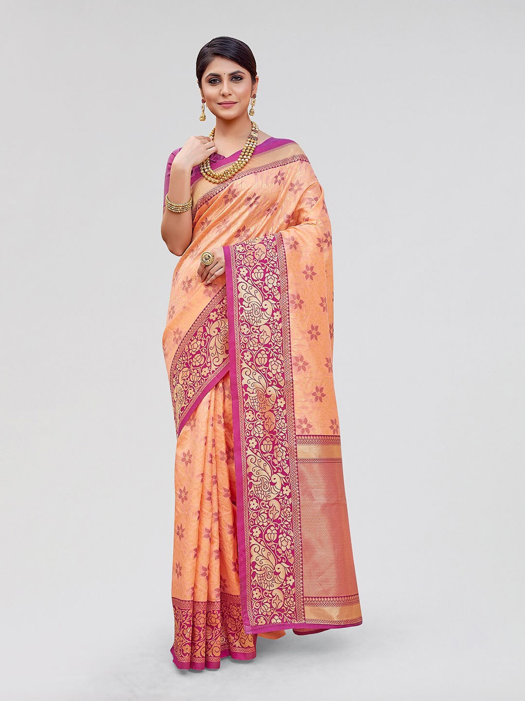 

Yashika Floral Woven Design Zari Banarasi Saree, Peach