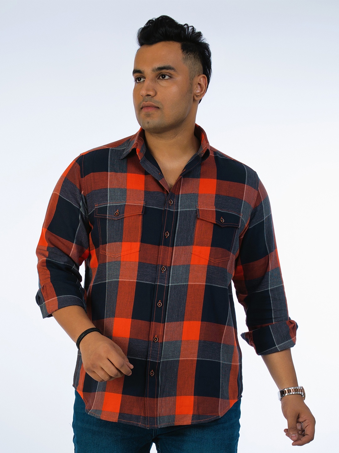 

UNSIZED Comfort Buffalo Checks Opaque Cotton Casual Shirt, Orange