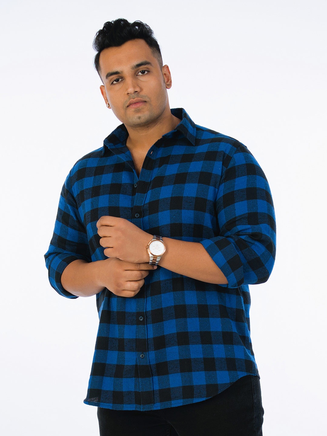 

UNSIZED Comfort Buffalo Checks Flannel Weave Cotton Casual Shirt, Blue