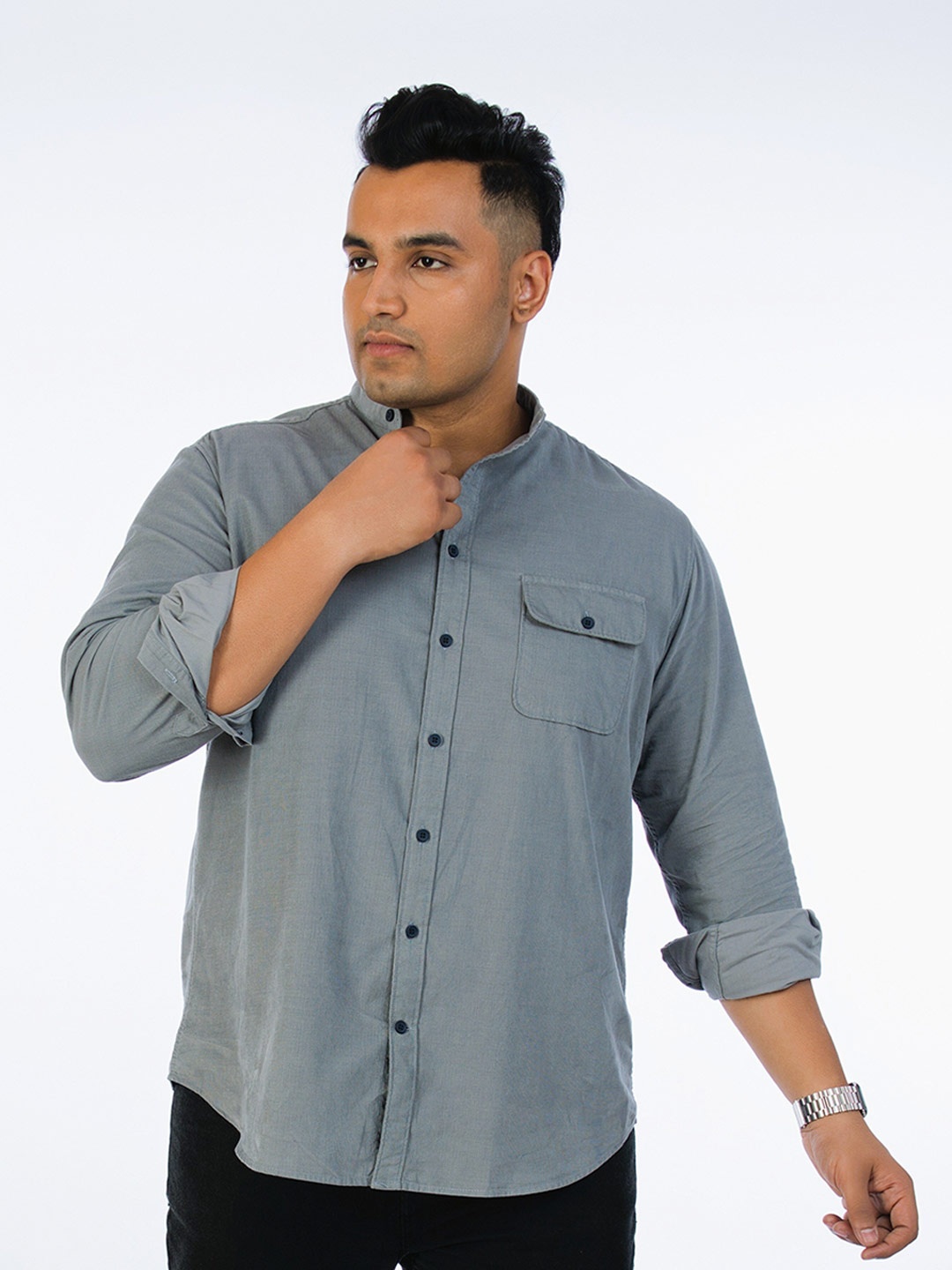

UNSIZED Comfort Mandarin Collar Corduroy Weave Cotton Casual Shirt, Grey
