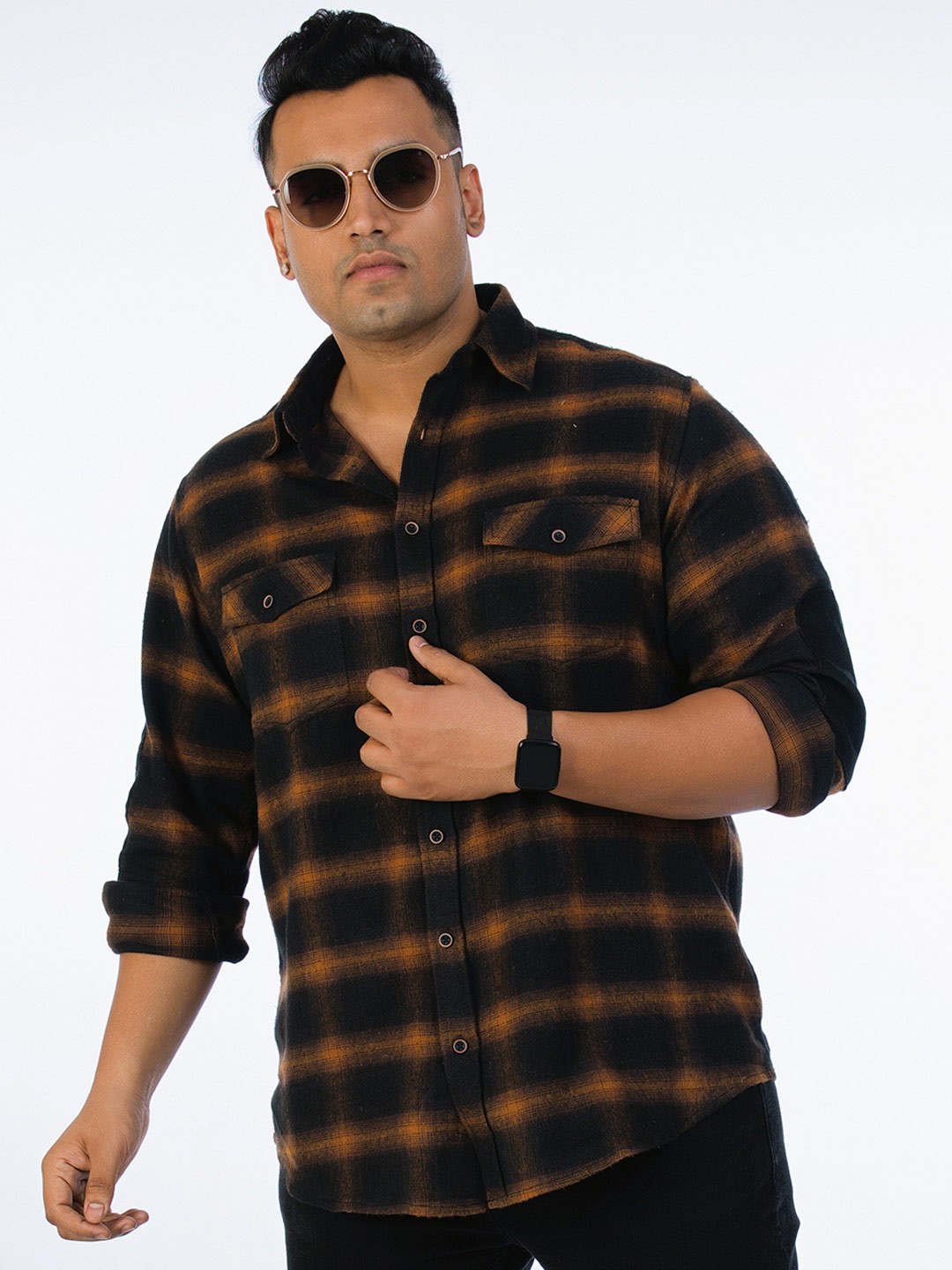 

UNSIZED Comfort Checked Opaque Flannel Weave Cotton Casual Shirt, Black