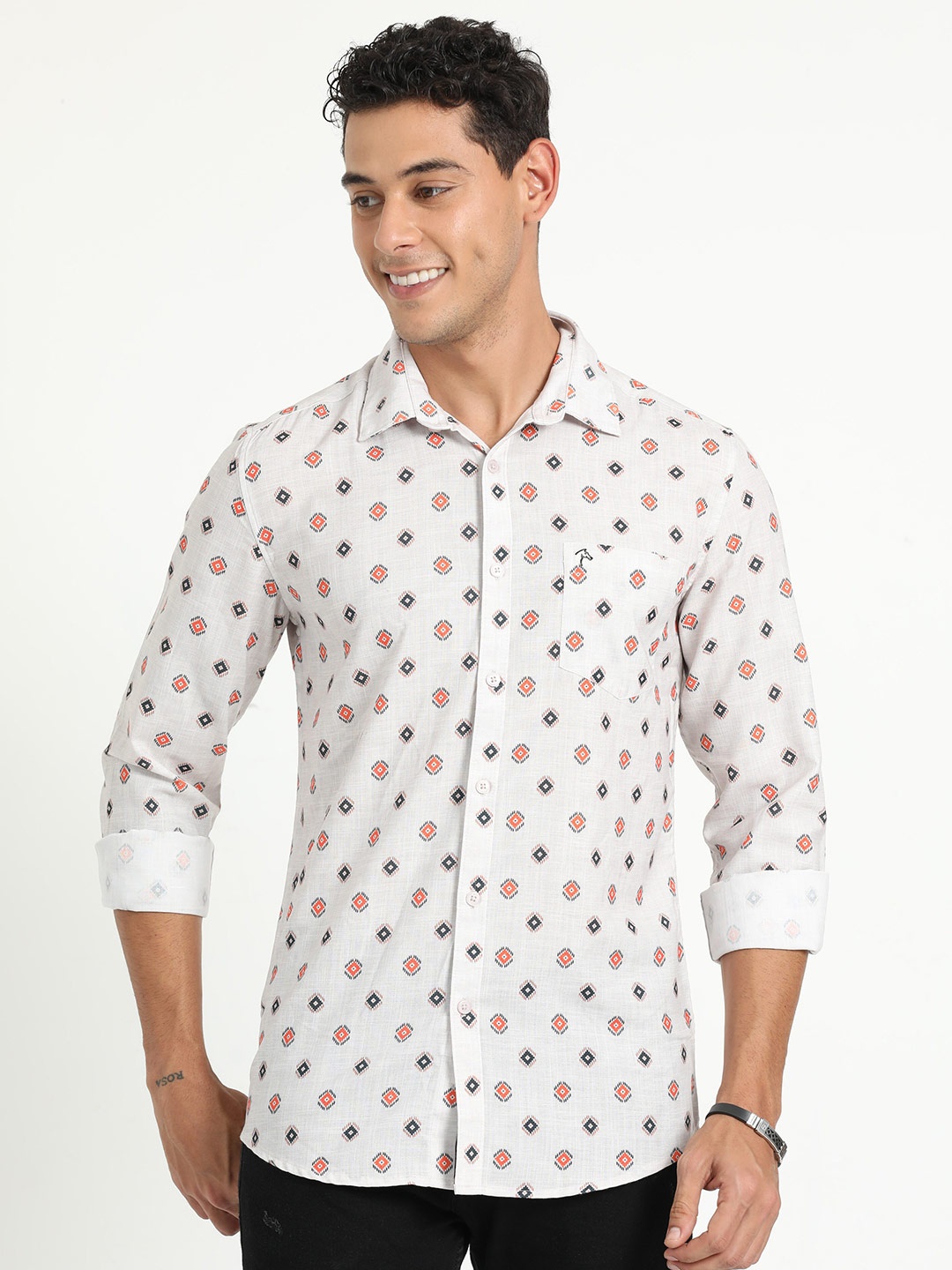 

CP BRO India Slim Fit Geometric Printed Cotton Casual Shirt, White