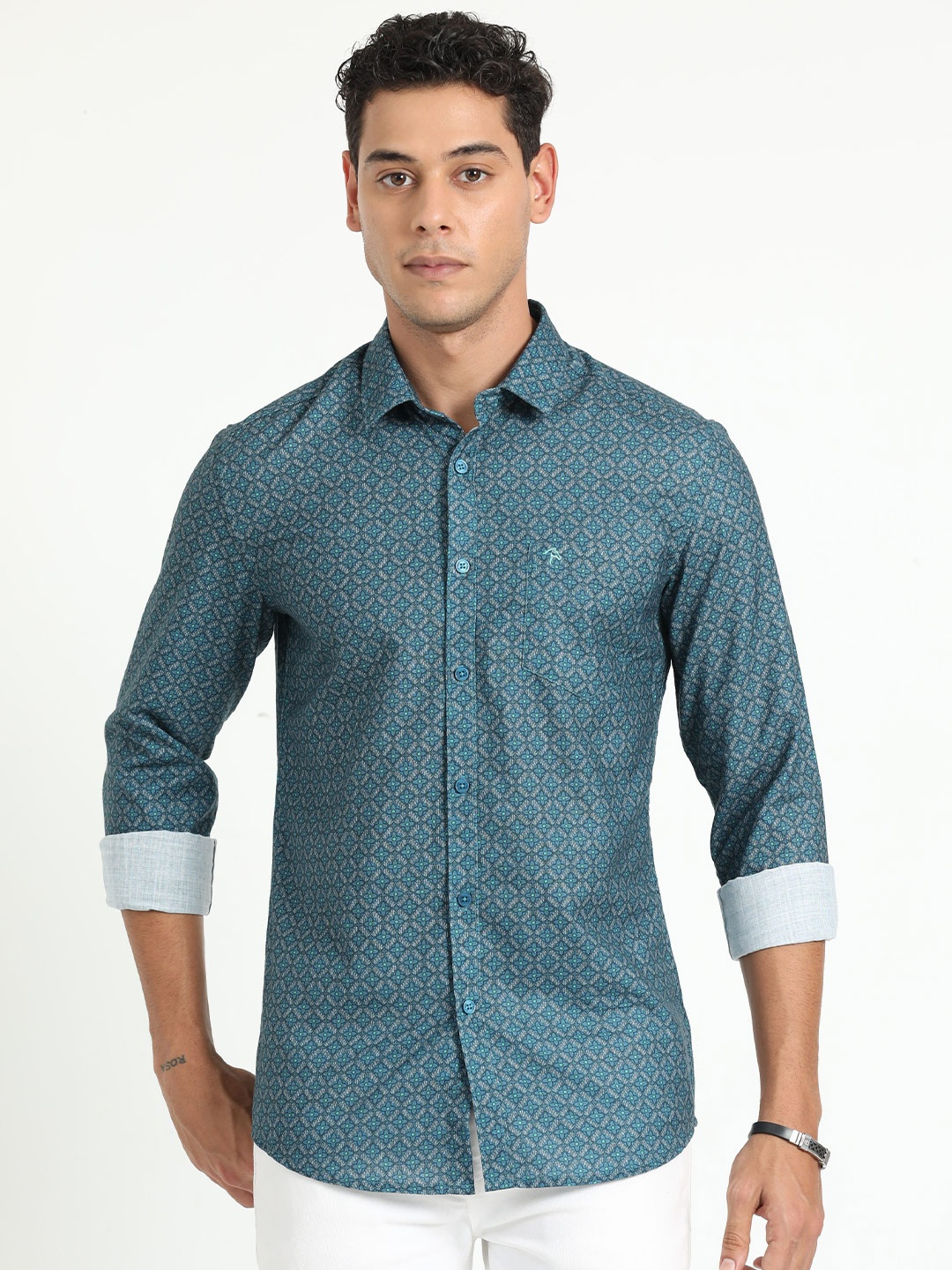 

CP BRO Slim Fit Printed Spread Collar Short Sleeves Cotton Casual Shirt, Teal